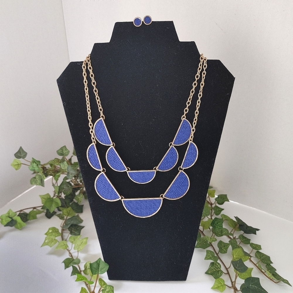 2 Tier Gold and Rattan Blue Half Moon Necklace with Earrings